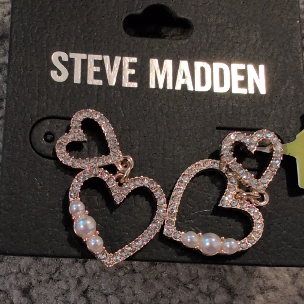 Steve Madden Gold Heart Earrings with Crystals and Pearls